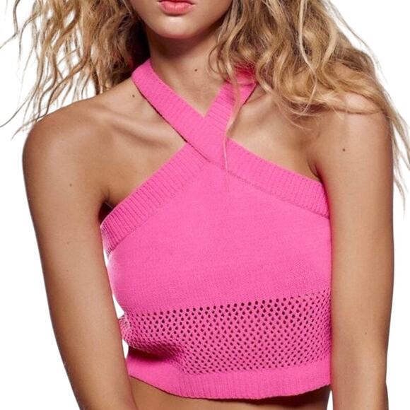 Zara Pink Knit Halter Crop Top Size Small - Picture 1 of 11